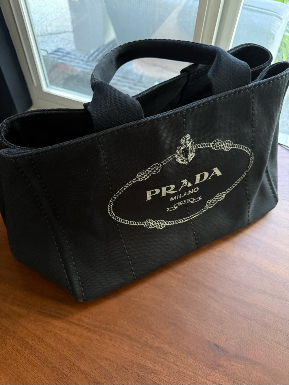 Prada Black Canvas Messenger Tote with White Logo